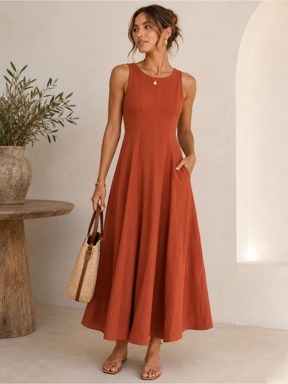 Mango rust orange sleeveless maxi dress minimalist elegant flowy dress